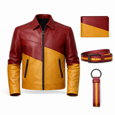 Men’s Red & Mustard Leather Jacket Outfit Set – Jacket, Wallet, Belt & Keychain