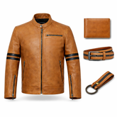 Men’s Tan Leather Jacket 4-Piece Set – Jacket, Wallet, Belt & Keychain