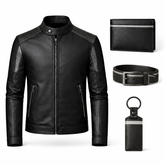 Men’s Black Leather Stand Collar Jacket Outfit Set – Jacket, Wallet, Belt & Keychain