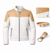 Men’s White & Tan Leather Stand Collar Jacket Outfit Set – Jacket, Wallet, Belt & Keychain