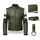 Men’s Olive Green Leather Stand Collar Jacket Outfit Set – Jacket, Wallet, Belt & Keychain