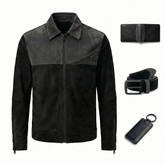 Men’s Two-Tone Genuine Suede Trucker Jacket Outfit Set – Matte Black & Charcoal Grey, Jacket, Wallet, Belt & Keychain