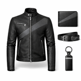 Men’s Black Leather Stand Collar Jacket Outfit Set – Jacket, Wallet, Belt & Keychain
