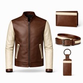 Men’s Brown & Cream Varsity Leather Jacket Outfit Set – Jacket, Wallet, Belt & Keychain