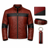 Men’s Rust Red & Black Leather Stand Collar Jacket Outfit Set – Jacket, Wallet, Belt & Keychain