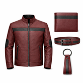 Men’s Burgundy & Black Leather Stand Collar Jacket Outfit Set – Jacket, Wallet, Belt & Keychain