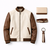 Men’s Cream & Brown Varsity Leather Jacket Outfit Set – Jacket, Wallet, Belt & Keychain