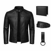 Men’s Black Genuine Leather Cafe Racer Jacket 4-Piece Set – Jacket, Wallet, Belt & Keychain