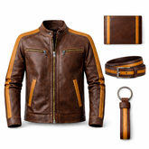 Men’s Brown Leather Stand Collar Jacket Outfit Set – Jacket, Wallet, Belt & Keychain