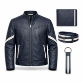 Men’s Navy Blue Leather Stand Collar Jacket Outfit Set – Jacket, Wallet, Belt & Keychain