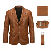 Men’s Tan Genuine Leather Blazer Outfit Set – Jacket, Wallet, Belt & Keychain