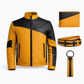 Men’s Mustard & Black Leather Stand Collar Jacket Outfit Set – Jacket, Wallet, Belt & Keychain