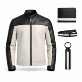 Men’s Black & Off-White Genuine Leather Two-Tone Jacket Outfit Set – Jacket, Wallet, Belt & Keychain