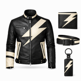 Men’s Black Genuine Leather Lightning Jacket 4-Piece Set – Jacket, Wallet, Belt & Keychain