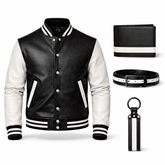 Men’s Black & White Varsity Leather Jacket Outfit Set – Jacket, Wallet, Belt & Keychain