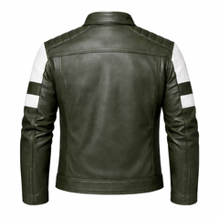 Men’s Olive Green Leather Stand Collar Jacket Outfit Set – Jacket, Wallet, Belt & Keychain