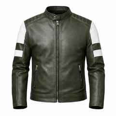 Men’s Olive Green Leather Stand Collar Jacket Outfit Set – Jacket, Wallet, Belt & Keychain