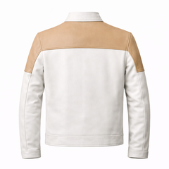 Men’s White & Tan Leather Stand Collar Jacket Outfit Set – Jacket, Wallet, Belt & Keychain