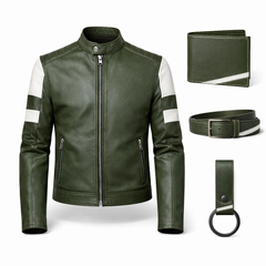 Men’s Olive Green Leather Stand Collar Jacket Outfit Set – Jacket, Wallet, Belt & Keychain