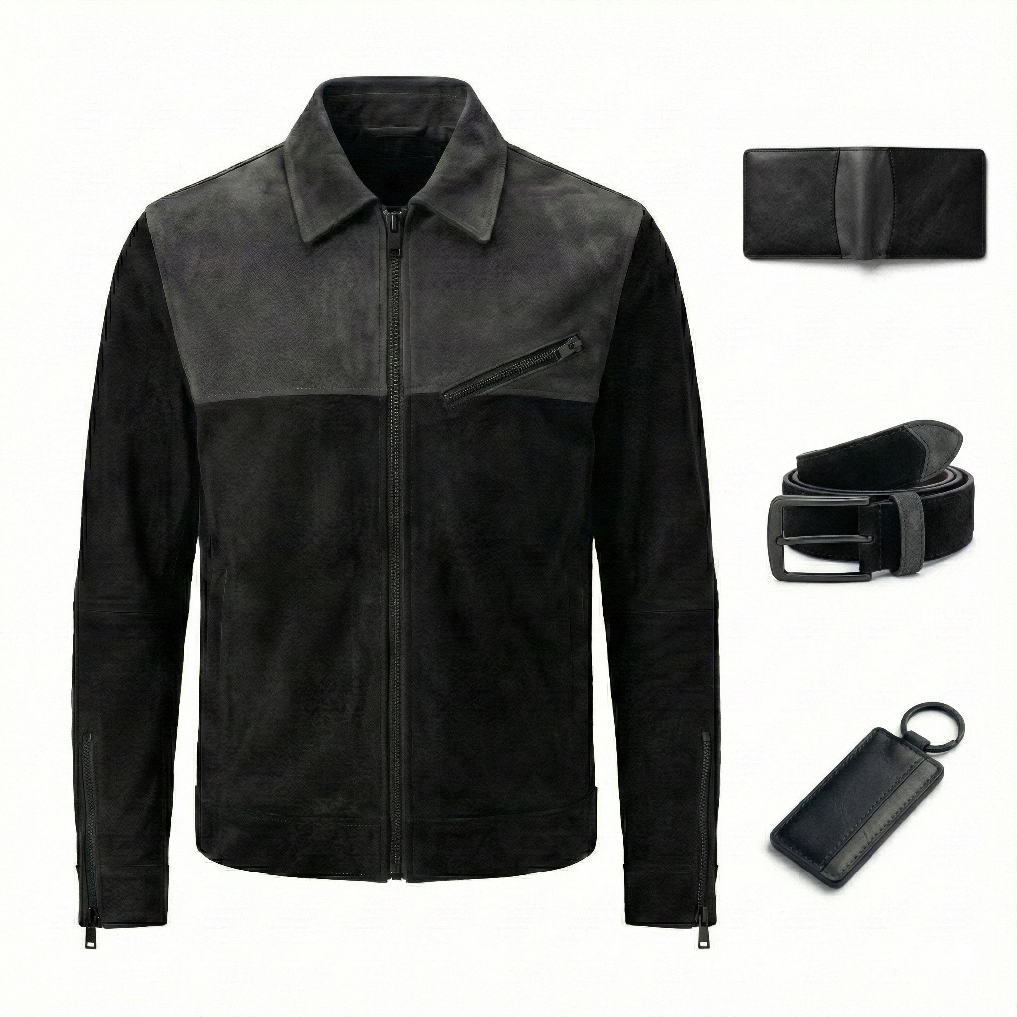 Men’s Two-Tone Genuine Suede Trucker Jacket Outfit Set – Matte Black & Charcoal Grey, Jacket, Wallet, Belt & Keychain