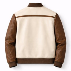 Men’s Cream & Brown Varsity Leather Jacket Outfit Set – Jacket, Wallet, Belt & Keychain