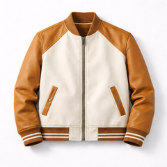 Men’s Tan & Cream Varsity Leather Jacket Outfit Set – Jacket, Wallet, Belt & Keychain