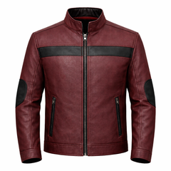 Men’s Burgundy & Black Leather Stand Collar Jacket Outfit Set – Jacket, Wallet, Belt & Keychain
