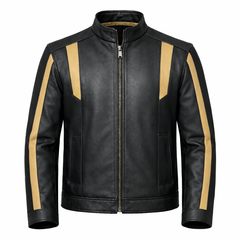 Men’s Black & Sand Gold Leather Stand Collar Jacket Outfit Set – Jacket, Wallet, Belt & Keychain