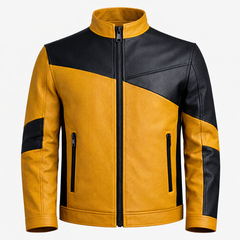 Men’s Mustard & Black Leather Stand Collar Jacket Outfit Set – Jacket, Wallet, Belt & Keychain