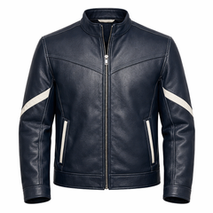 Men’s Navy Blue Leather Stand Collar Jacket Outfit Set – Jacket, Wallet, Belt & Keychain