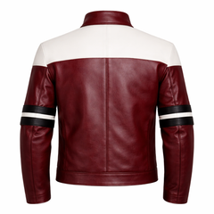 Men’s Red & White Leather Stand Collar Jacket Outfit Set – Jacket, Wallet, Belt & Keychain