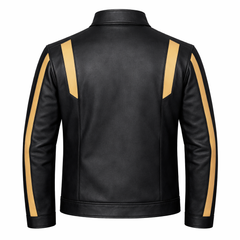 Men’s Black & Sand Gold Leather Stand Collar Jacket Outfit Set – Jacket, Wallet, Belt & Keychain