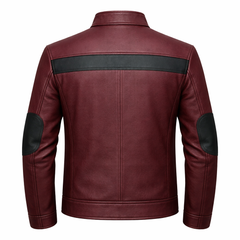 Men’s Burgundy & Black Leather Stand Collar Jacket Outfit Set – Jacket, Wallet, Belt & Keychain
