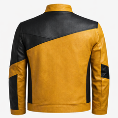 Men’s Mustard & Black Leather Stand Collar Jacket Outfit Set – Jacket, Wallet, Belt & Keychain