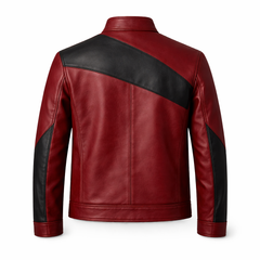 Men’s Rust Red & Black Leather Stand Collar Jacket Outfit Set – Jacket, Wallet, Belt & Keychain