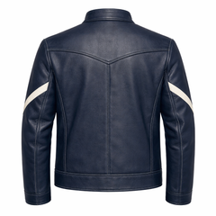 Men’s Navy Blue Leather Stand Collar Jacket Outfit Set – Jacket, Wallet, Belt & Keychain