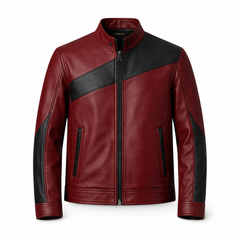Men’s Rust Red & Black Leather Stand Collar Jacket Outfit Set – Jacket, Wallet, Belt & Keychain