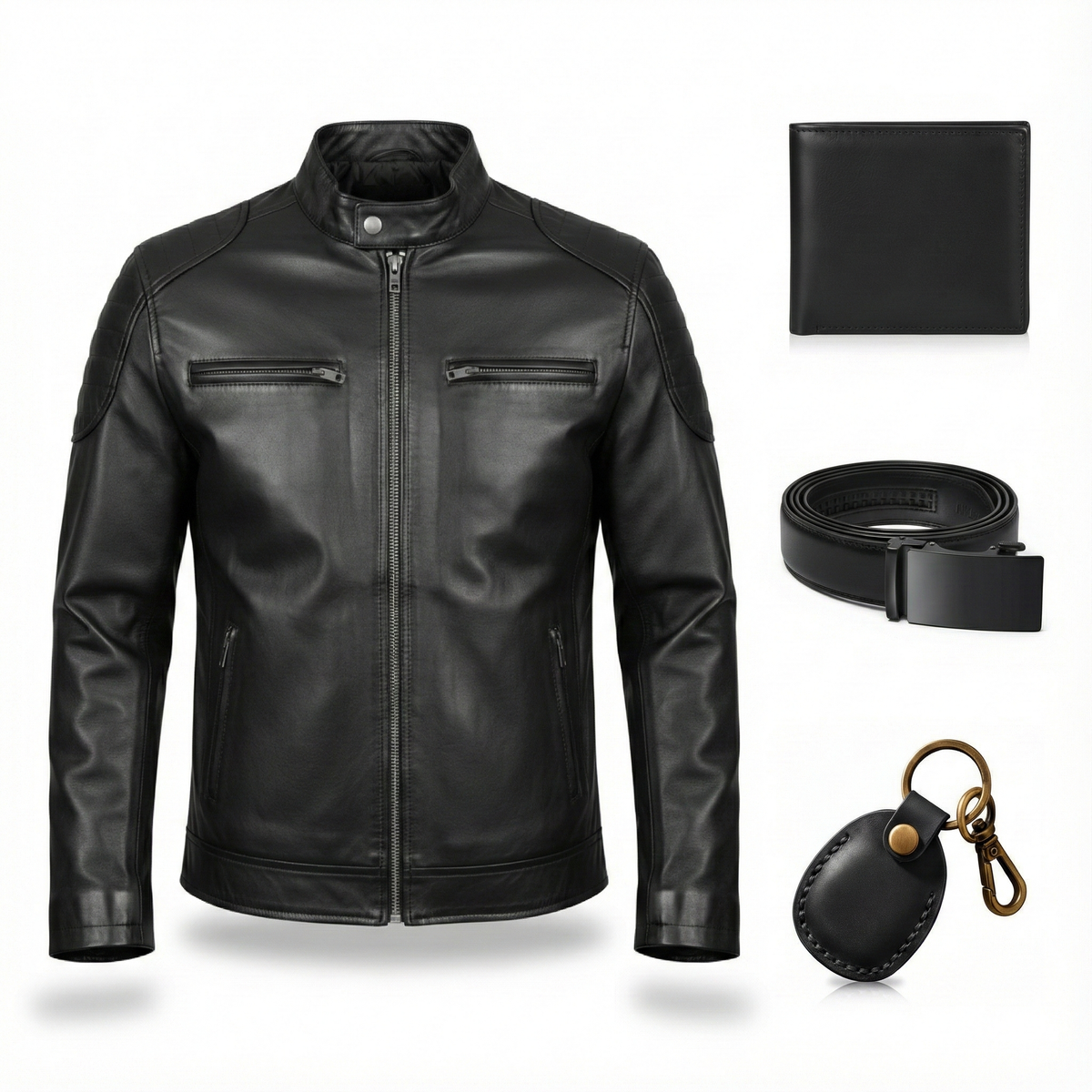 Men’s Black Genuine Leather Jacket Outfit Set – Jacket, Wallet, Belt & Keychain