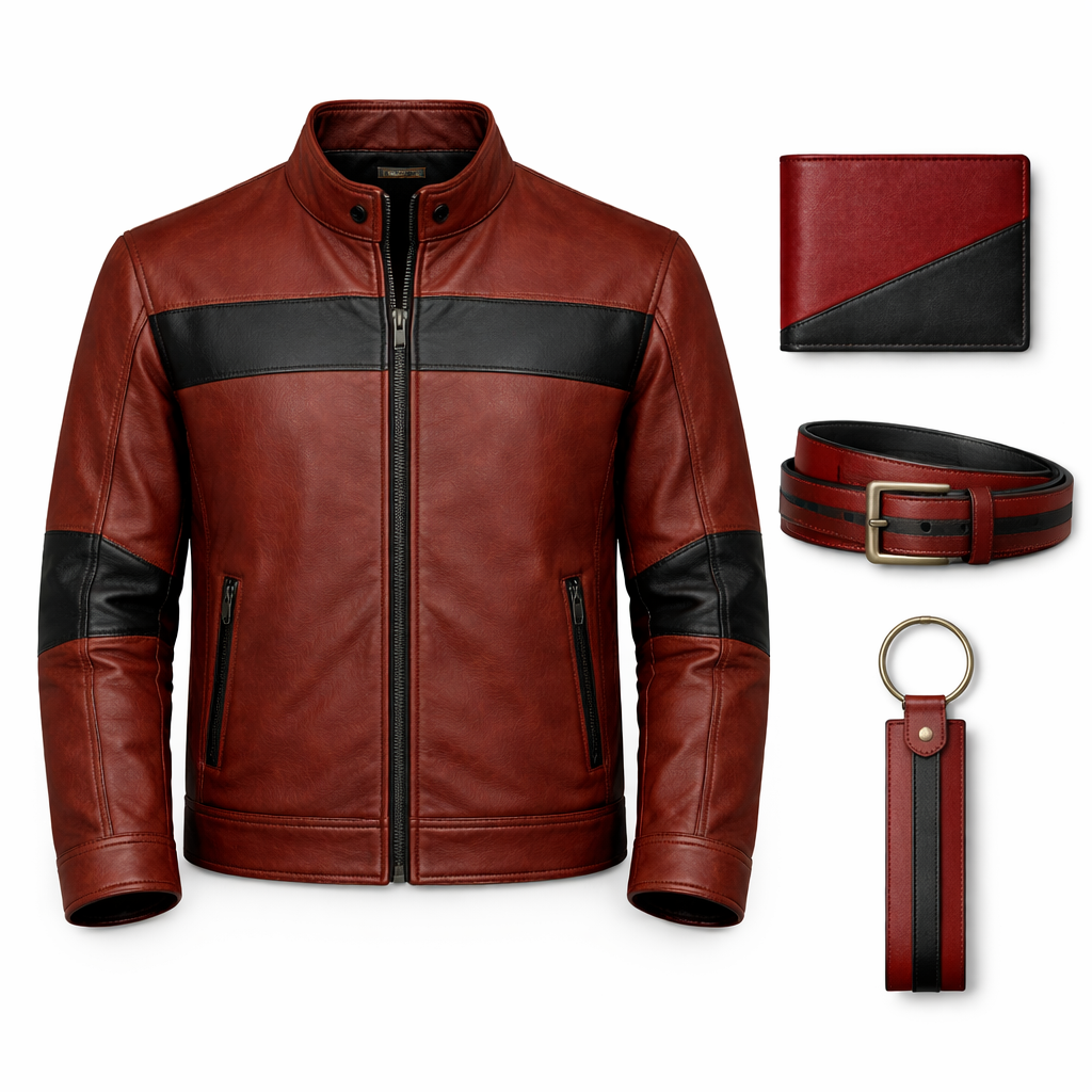 Men’s Rust Red & Black Leather Stand Collar Jacket Outfit Set – Jacket, Wallet, Belt & Keychain