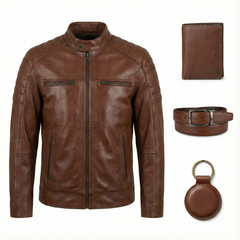 Men’s Brown Genuine Leather Jacket Outfit Set – Jacket, Wallet, Belt & Keychain