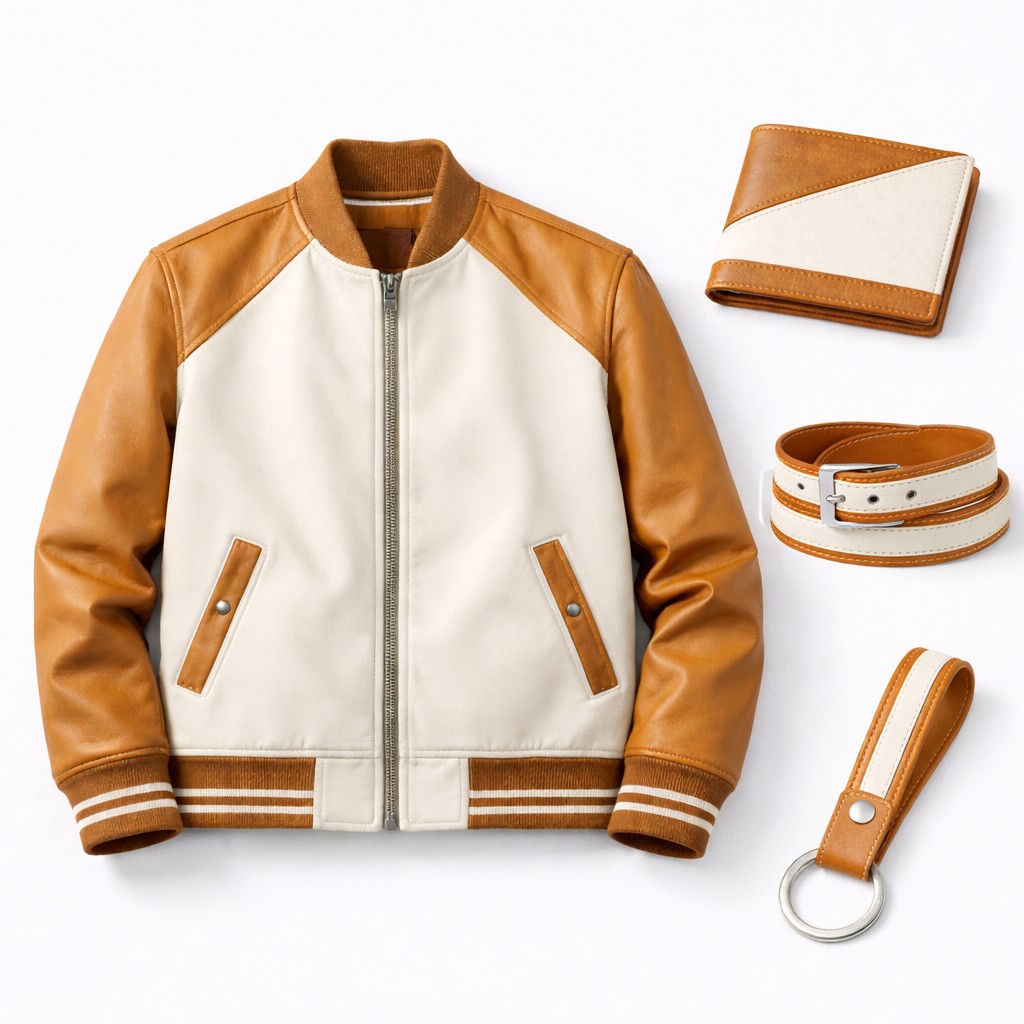Men’s Tan & Cream Varsity Leather Jacket Outfit Set – Jacket, Wallet, Belt & Keychain