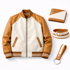 Men’s Tan & Cream Varsity Leather Jacket Outfit Set – Jacket, Wallet, Belt & Keychain