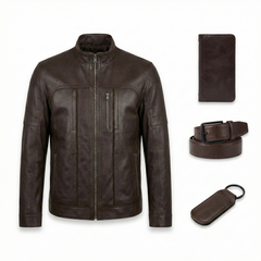 Men’s Brown Genuine Leather Zip-Front Jacket Outfit Set – Jacket, Wallet, Belt & Keychain