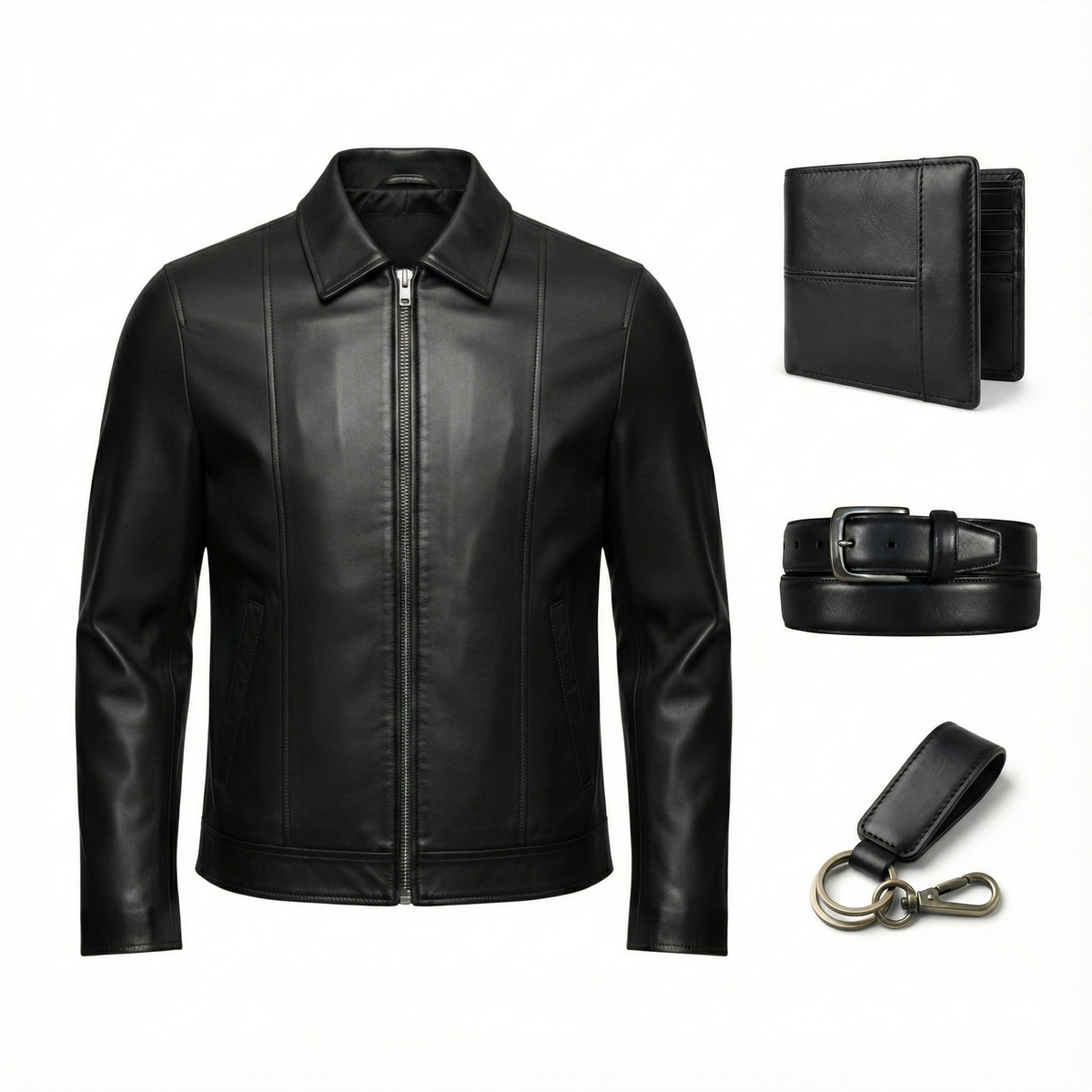 Men’s Black Leather Jacket Bundle – Jacket with Matching Wallet, Belt & Keychain