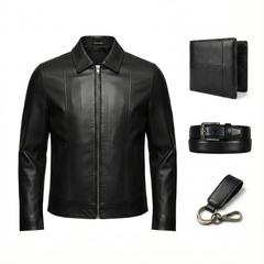 Men’s Black Leather Jacket Bundle – Jacket with Matching Wallet, Belt & Keychain