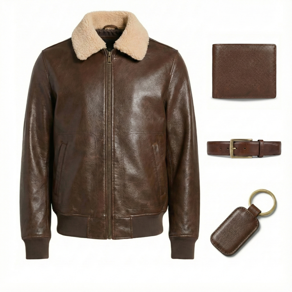 Men’s Premium Brown Leather Jacket Outfit Set – Jacket, Wallet, Belt & Keychain