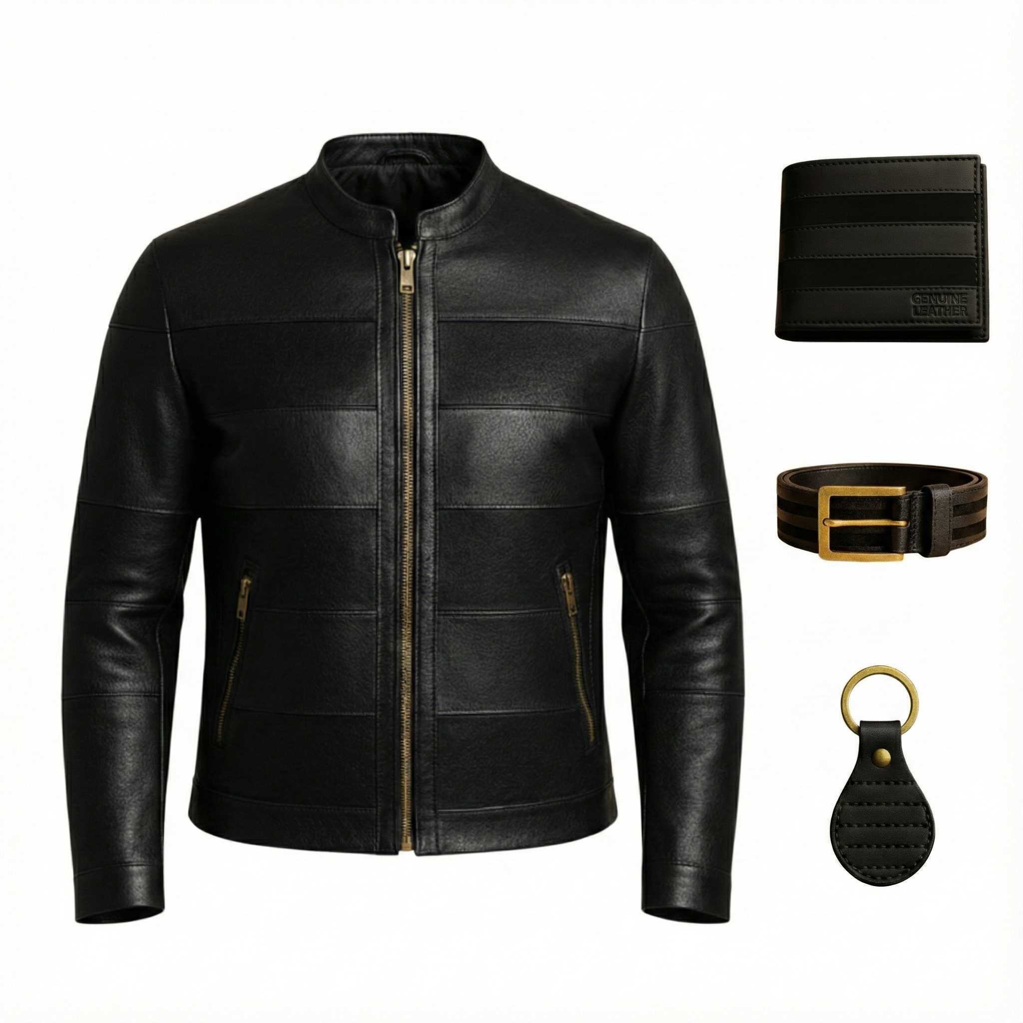 men leather jacket 4 piece set jacket wallet belt keychain combo