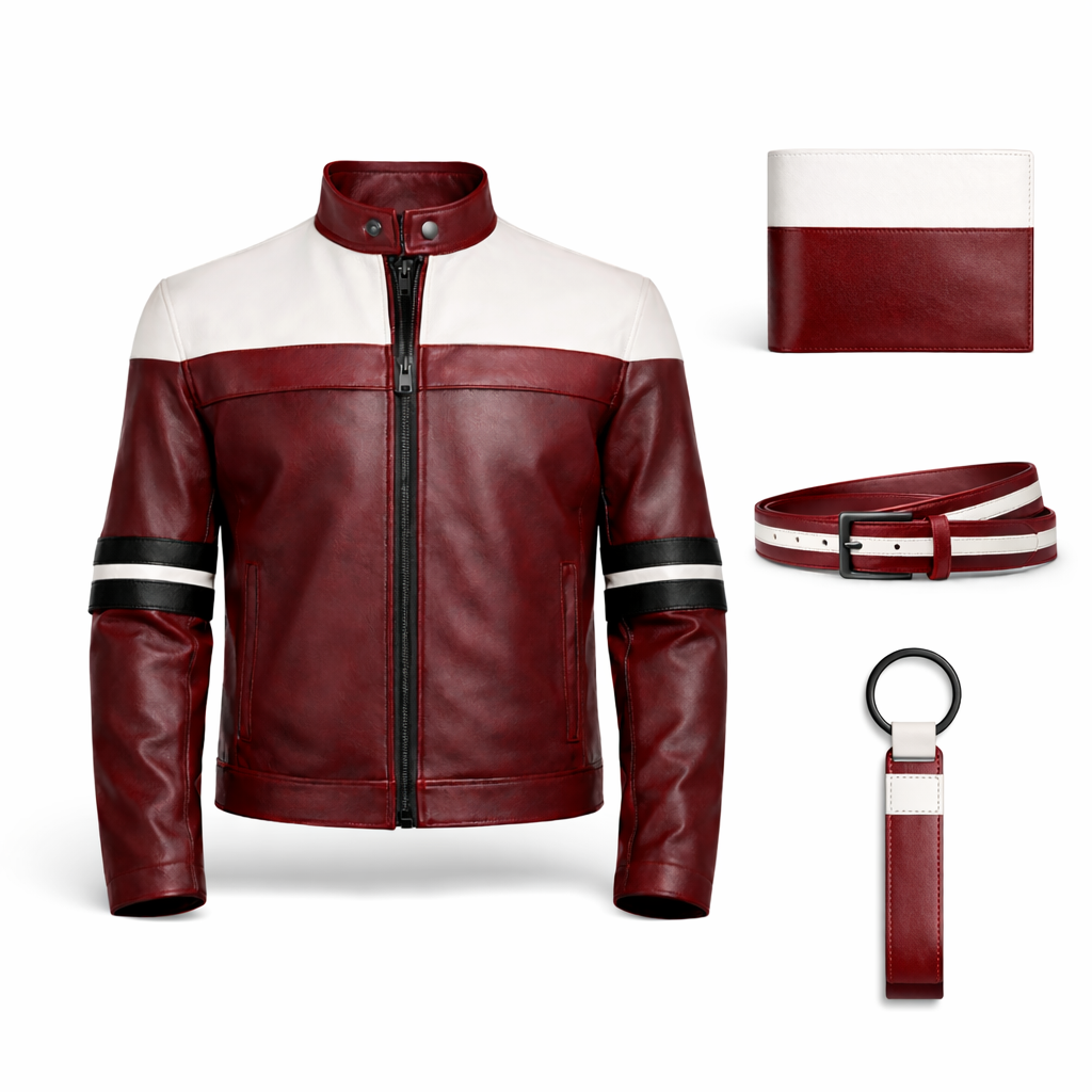 men red white leather jacket 4 piece set with wallet belt and keychain