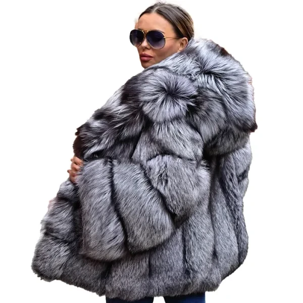 Luxury Silver Fluffy Hooded Fur Coat | Women’s Grey Faux Fur Winter Coat | Open Front Design - Photo 3