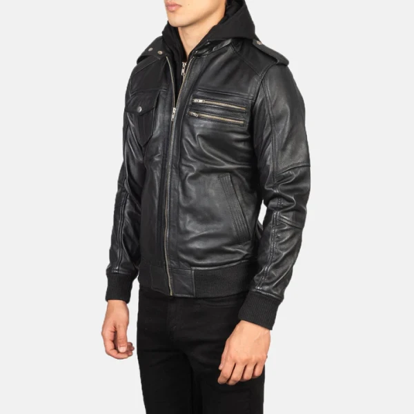 Bravado Black Hooded Leather Bomber Jacket | Sheepskin & Quilted Lining - Photo 5